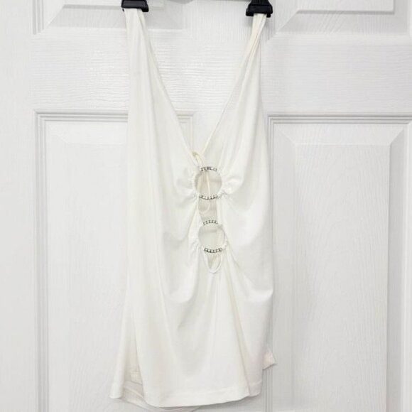 NWOT White Sleeveless Lightweight Sheer Halter Cami top silver accents size L - Picture 1 of 2